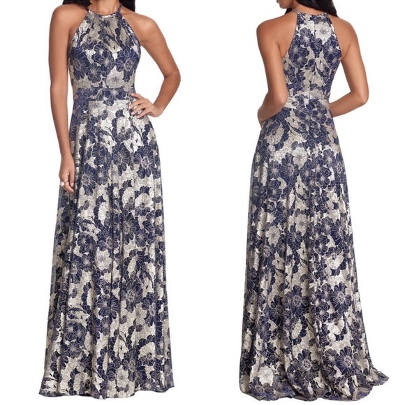 Betsy & Adam Dresses & Skirts - Betsy & Adam Long Halter Wrap Foil Blue Print Maxi Dress SIZE 8